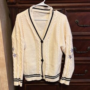 Cream Star Elbow Patch Cable Knit Cardigan Sweater